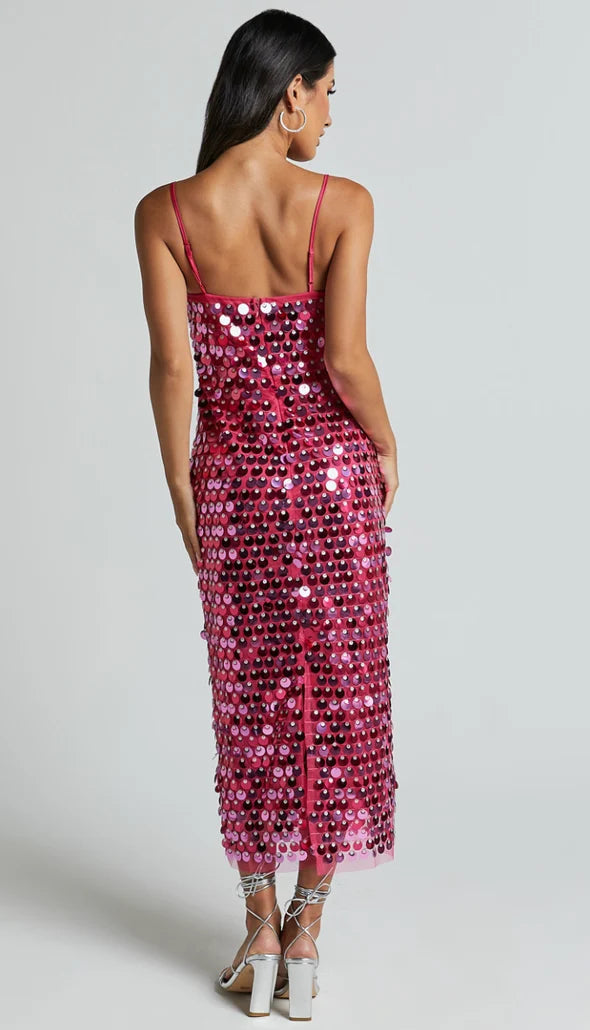 Pullu Fuşya Midi Tasarım Elbise