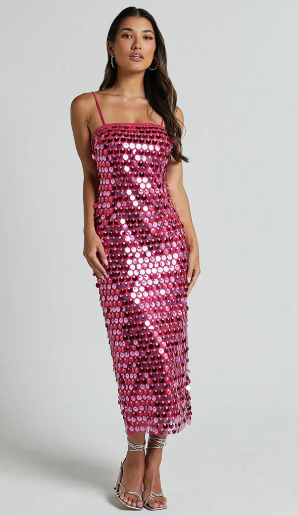 Pullu Fuşya Midi Tasarım Elbise