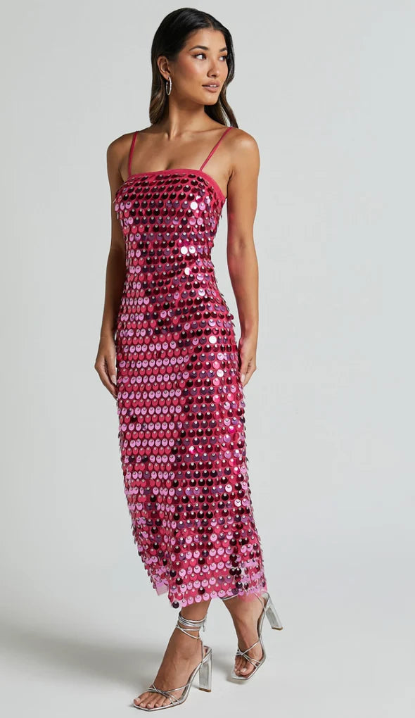 Pullu Fuşya Midi Tasarım Elbise