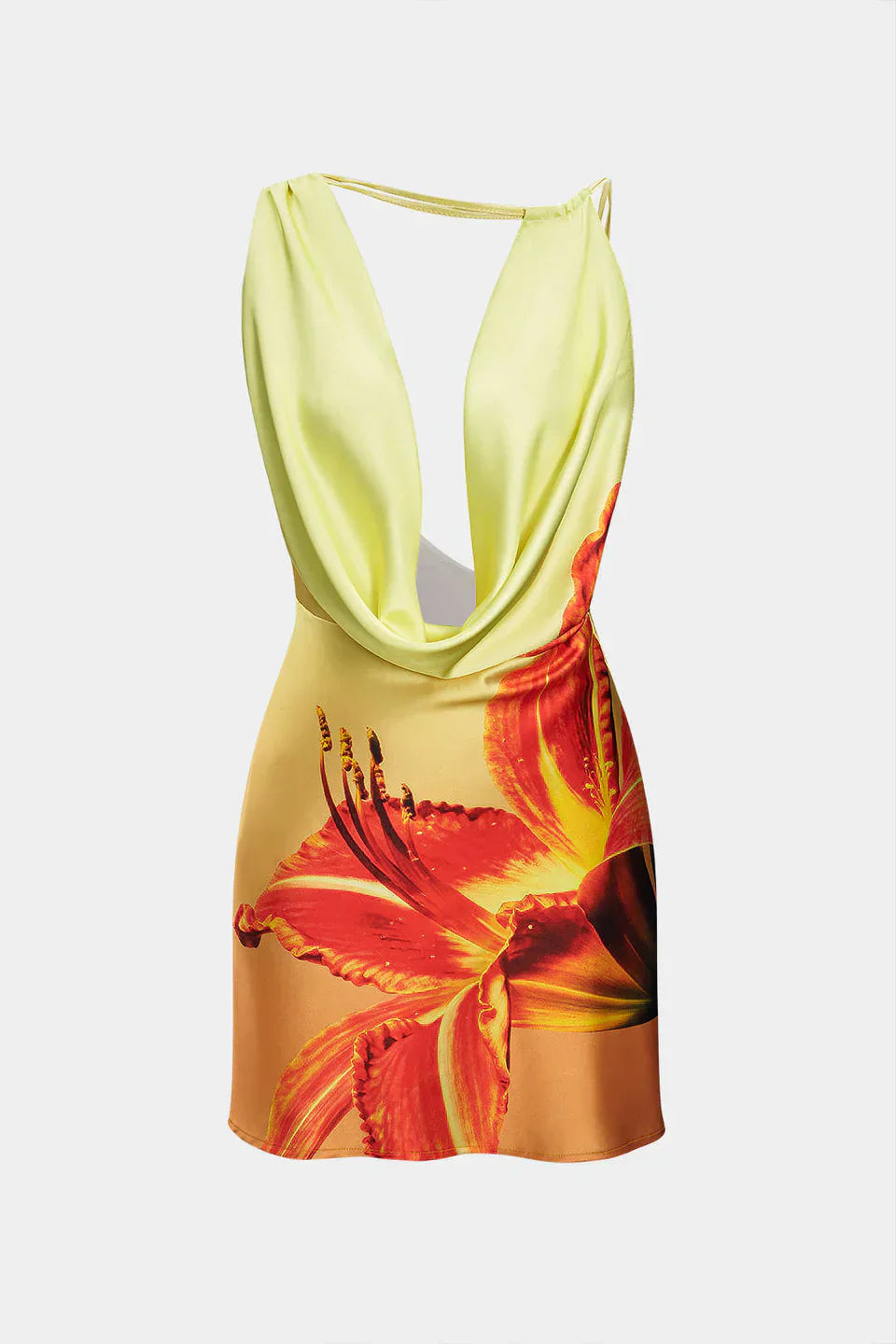 Saten Çiçek Desenli Kapşonlu Yaka Asimetrik Kolsuz Mini Elbise