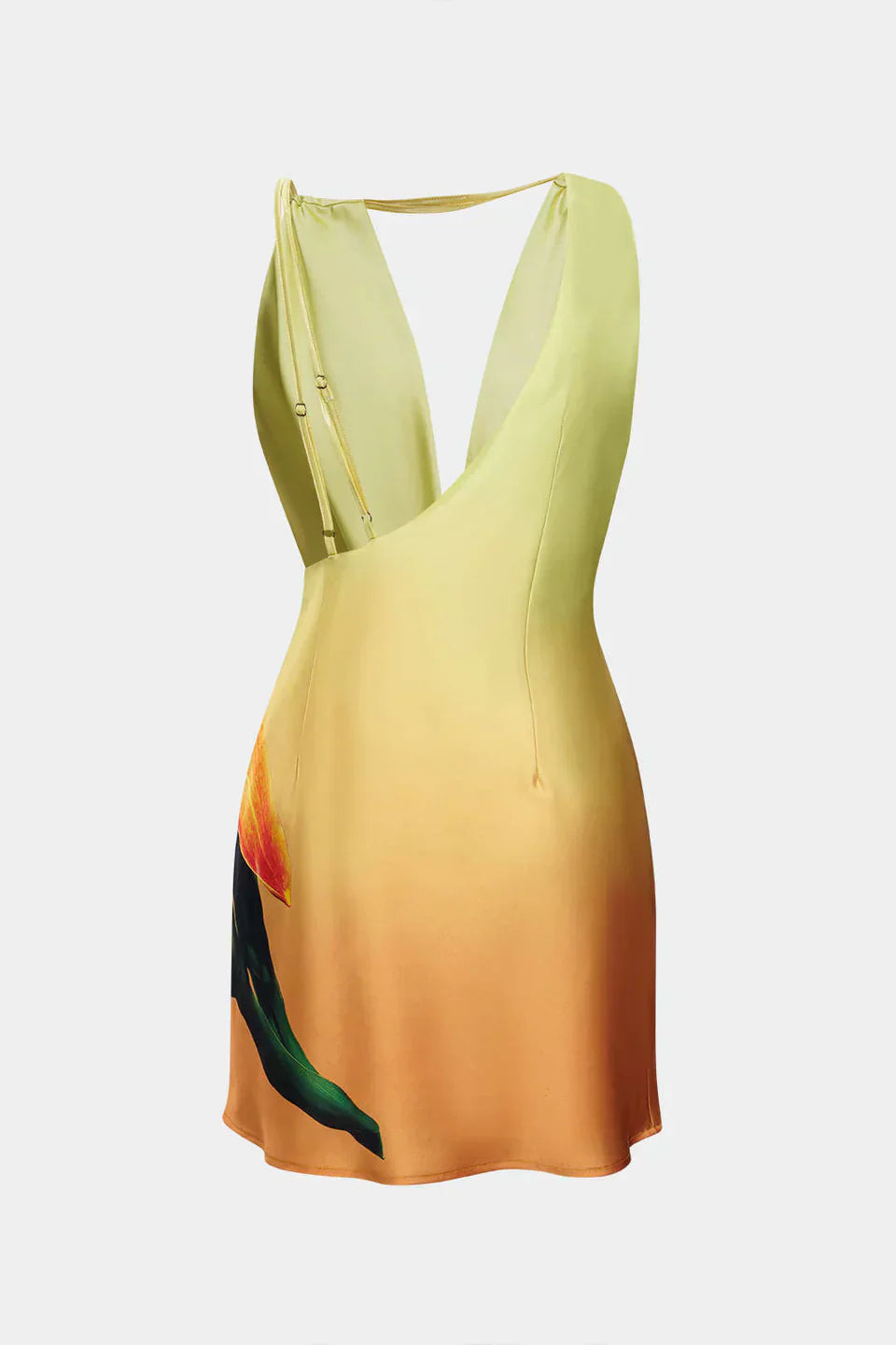 Saten Çiçek Desenli Kapşonlu Yaka Asimetrik Kolsuz Mini Elbise