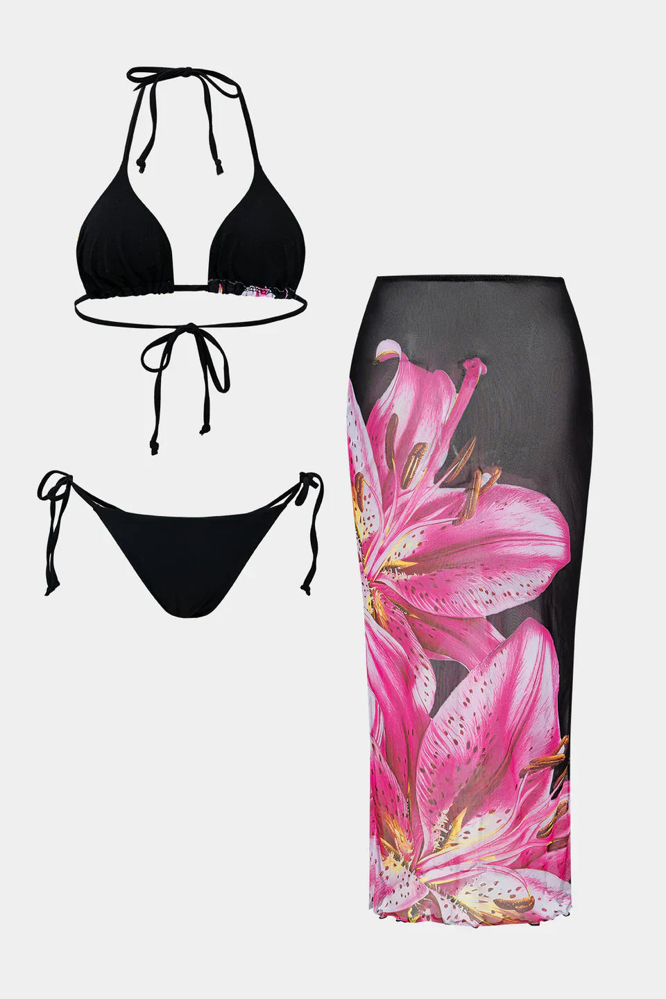 Çiçek Desenli File Bağlamalı Bikini Ve Üst Giyim Seti