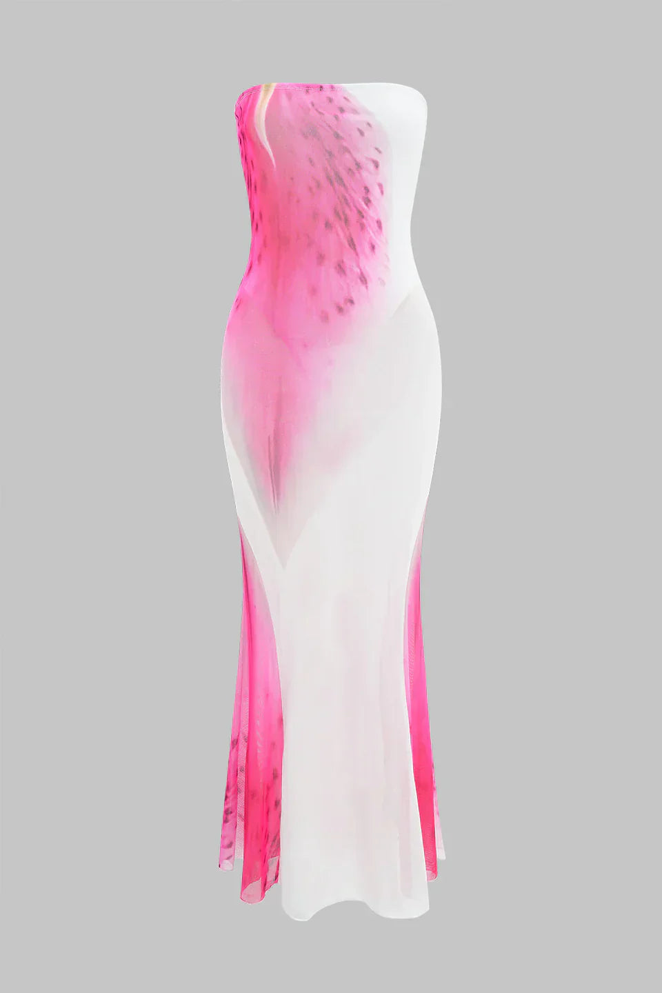 Çiçek Kontrast Baskılı File Askısız Kolsuz Uzun Elbise