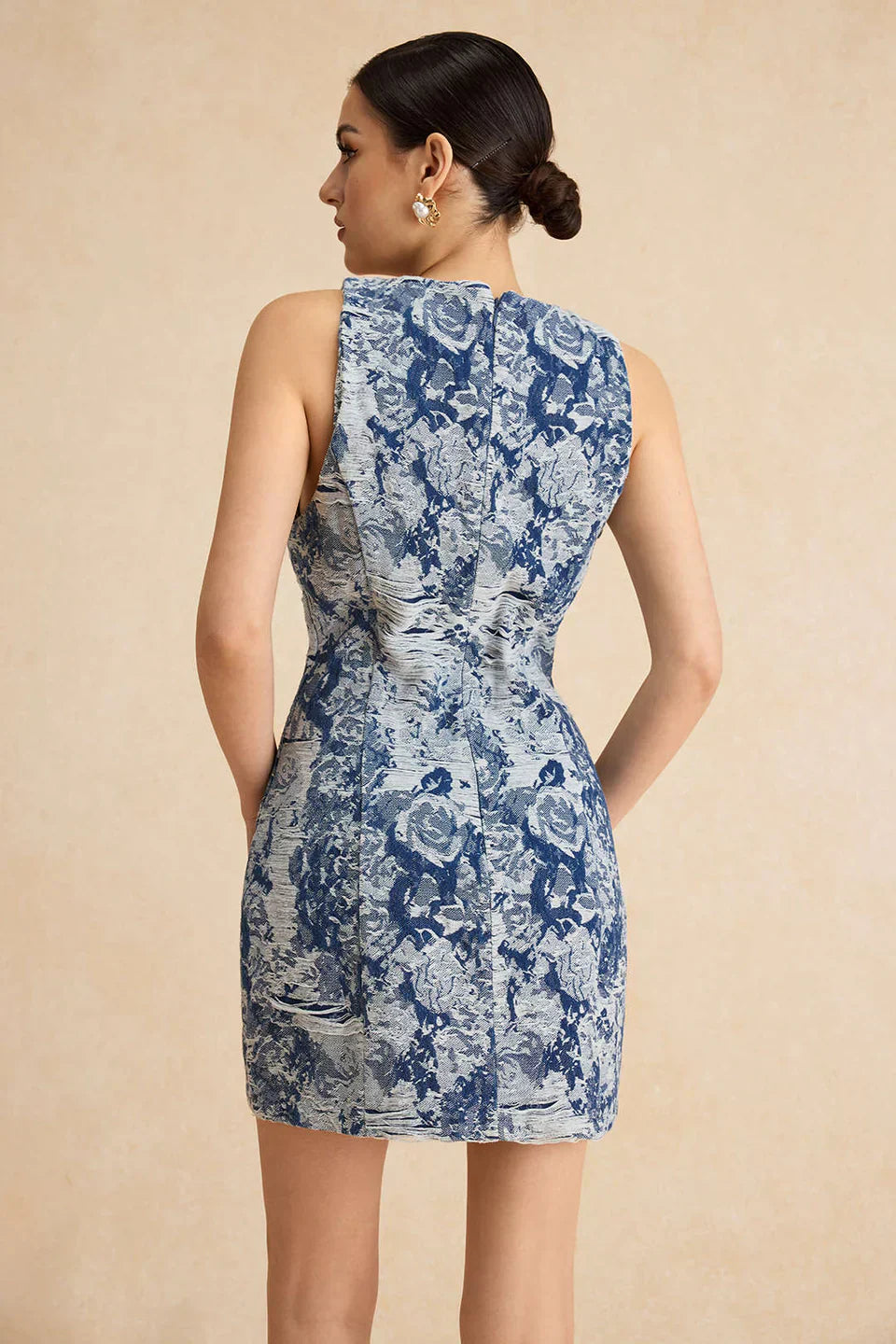 Desenli Düğmeli Kot Elbise