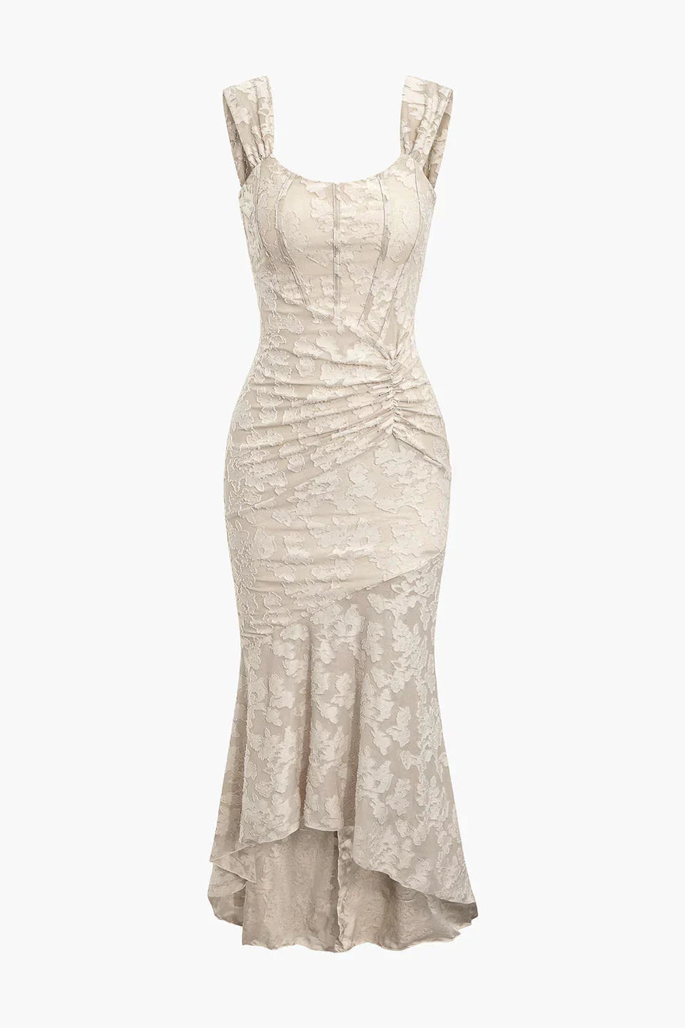 Çiçek Desenli Asimetrik Etek Ucu Kıvrımlı Denizkızı Kolsuz Midi Elbise