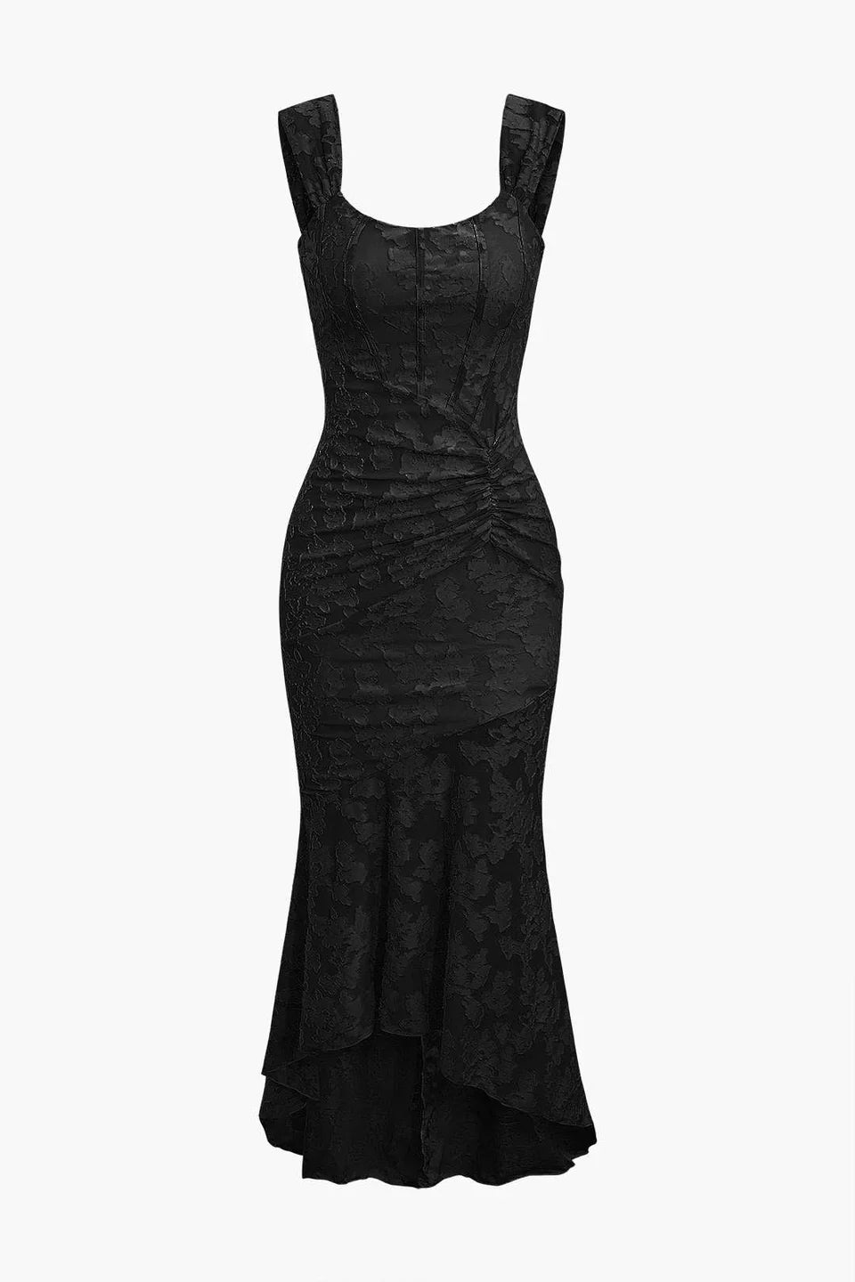 Çiçek Desenli Asimetrik Etek Ucu Kıvrımlı Denizkızı Kolsuz Midi Elbise