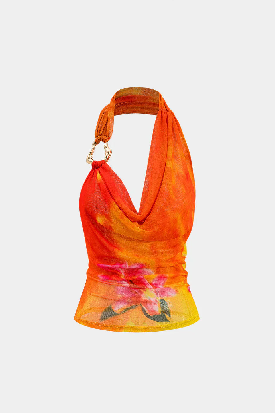 Çiçek Desenli File Asimetrik Kıvrımlı Askılı Üst