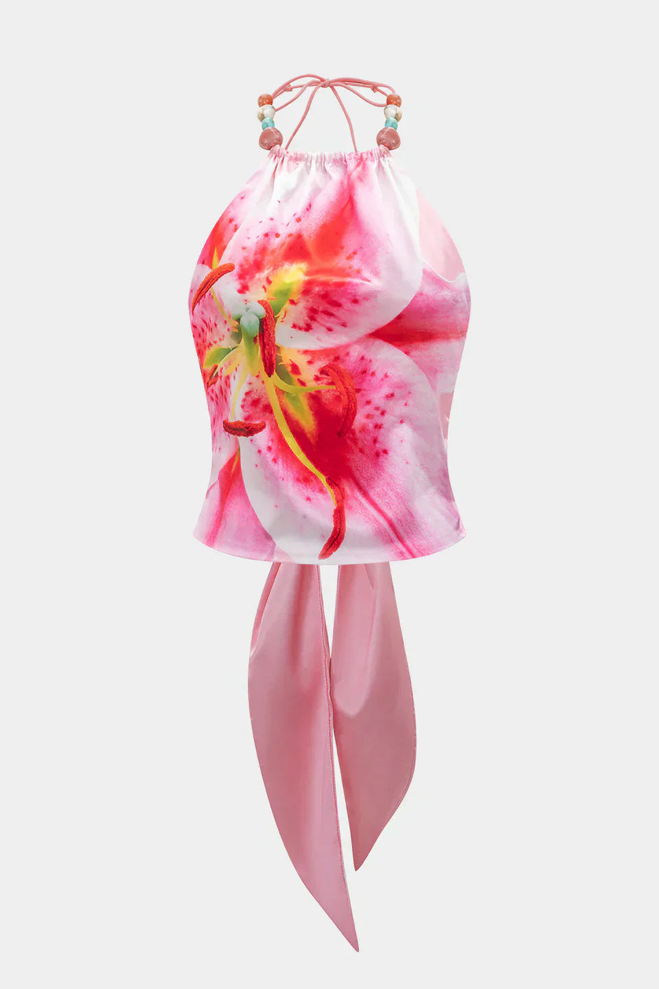 Çiçek Desenli Saten Bağcıklı Sırtı Açık Üst