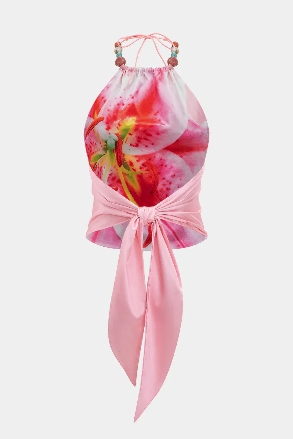 Çiçek Desenli Saten Bağcıklı Sırtı Açık Üst