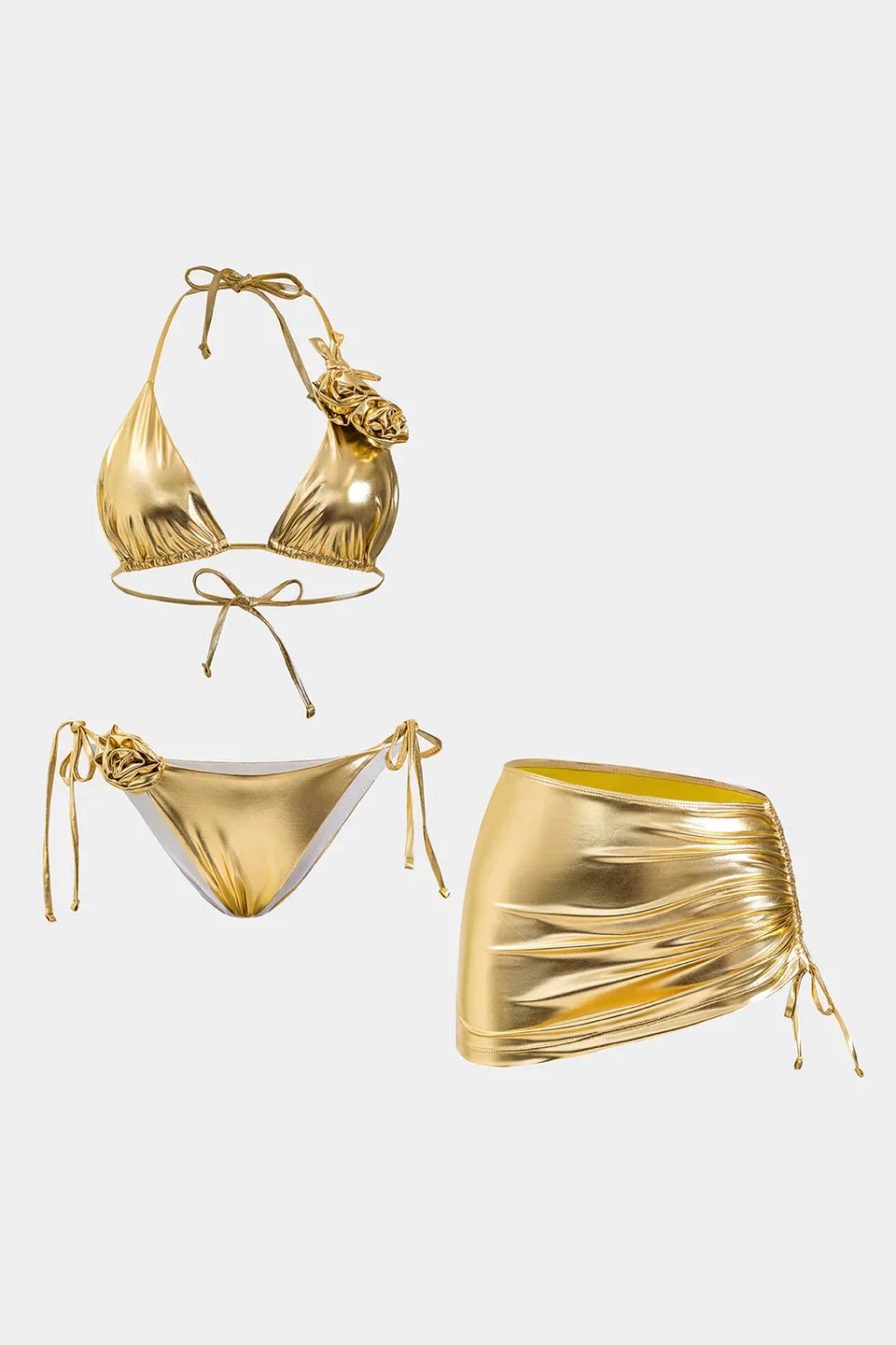 3D Çiçekli Büzgülü Bağlamalı Bikini Ve Etek Takımı