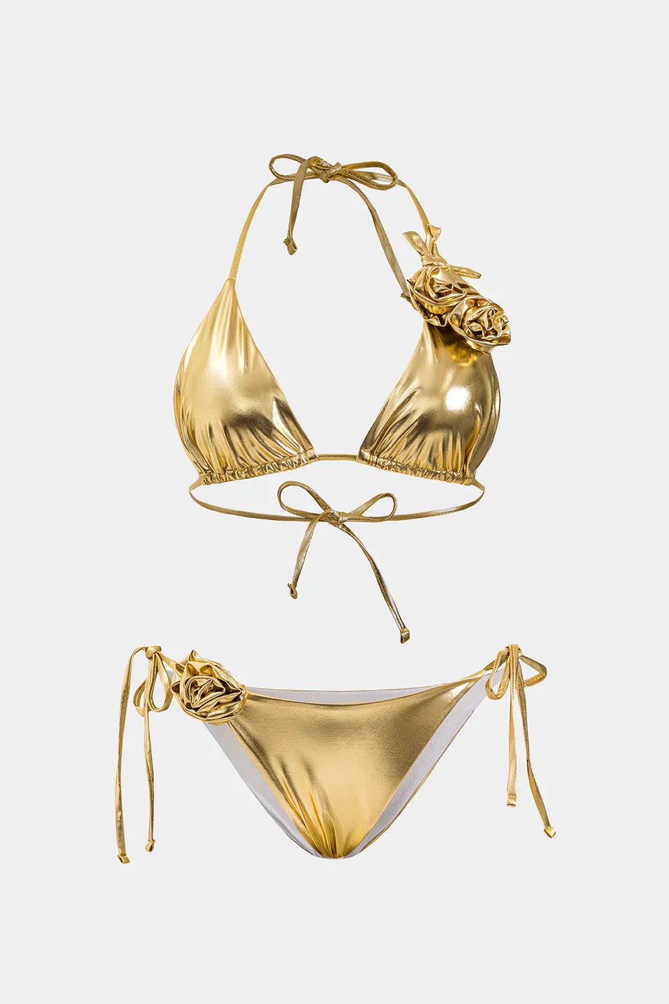 3D Çiçekli Büzgülü Bağlamalı Bikini Ve Etek Takımı