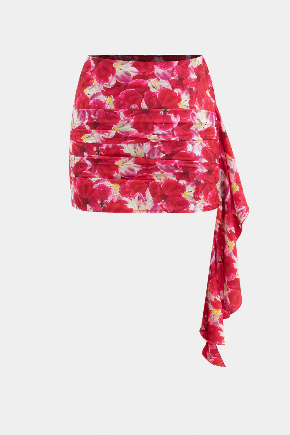 Saten Çiçek Desenli Asimetrik Volanlı Etek