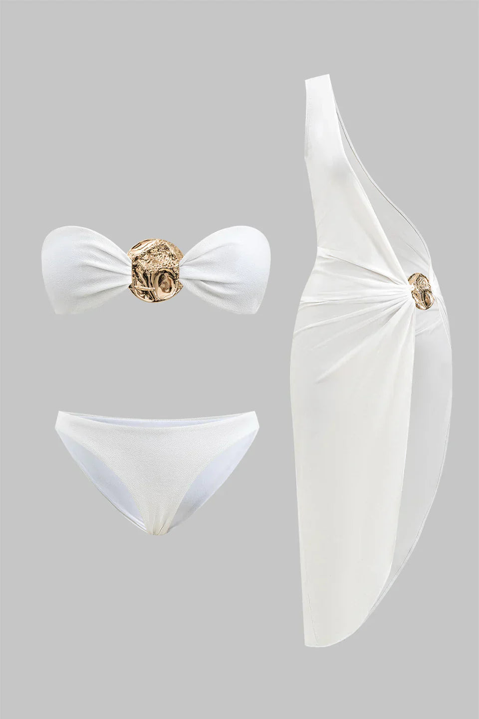 Metalik Kıvrımlı Sırtı Açık Bikini Ve Tek Omuzlu Örtü Seti