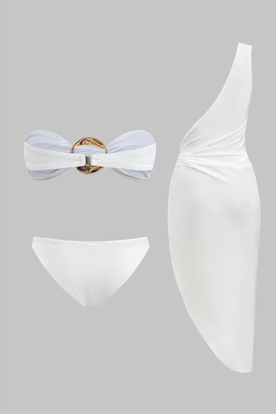 Metalik Kıvrımlı Sırtı Açık Bikini Ve Tek Omuzlu Örtü Seti