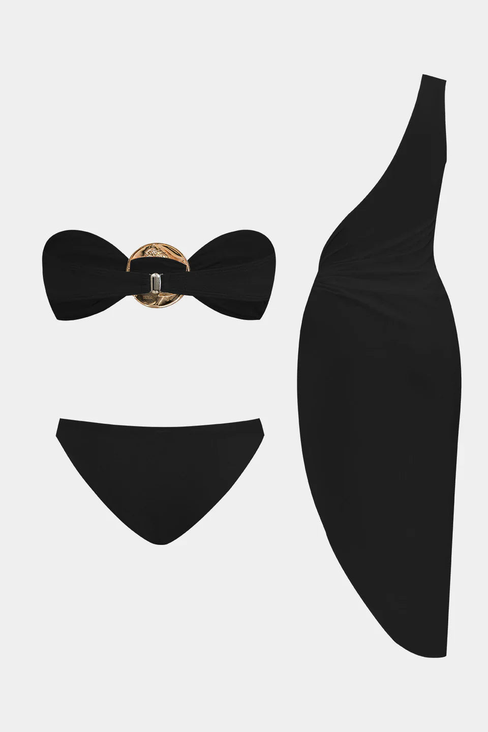 Metalik Kıvrımlı Sırtı Açık Bikini Ve Tek Omuzlu Örtü Seti