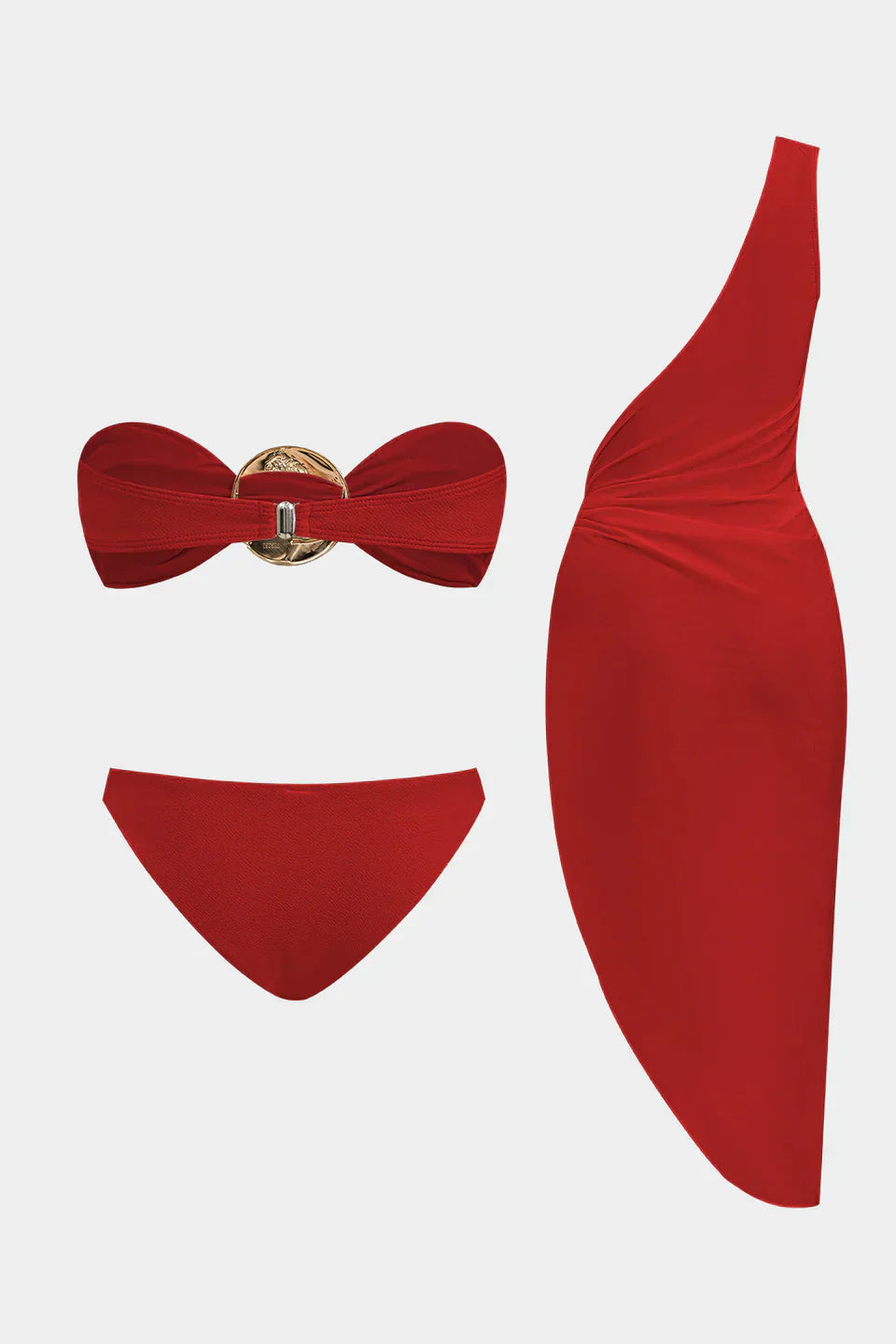 Metalik Kıvrımlı Sırtı Açık Bikini Ve Tek Omuzlu Örtü Seti