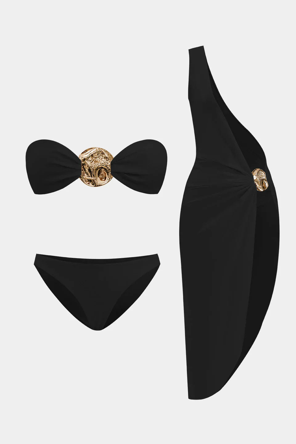 Metalik Kıvrımlı Sırtı Açık Bikini Ve Tek Omuzlu Örtü Seti