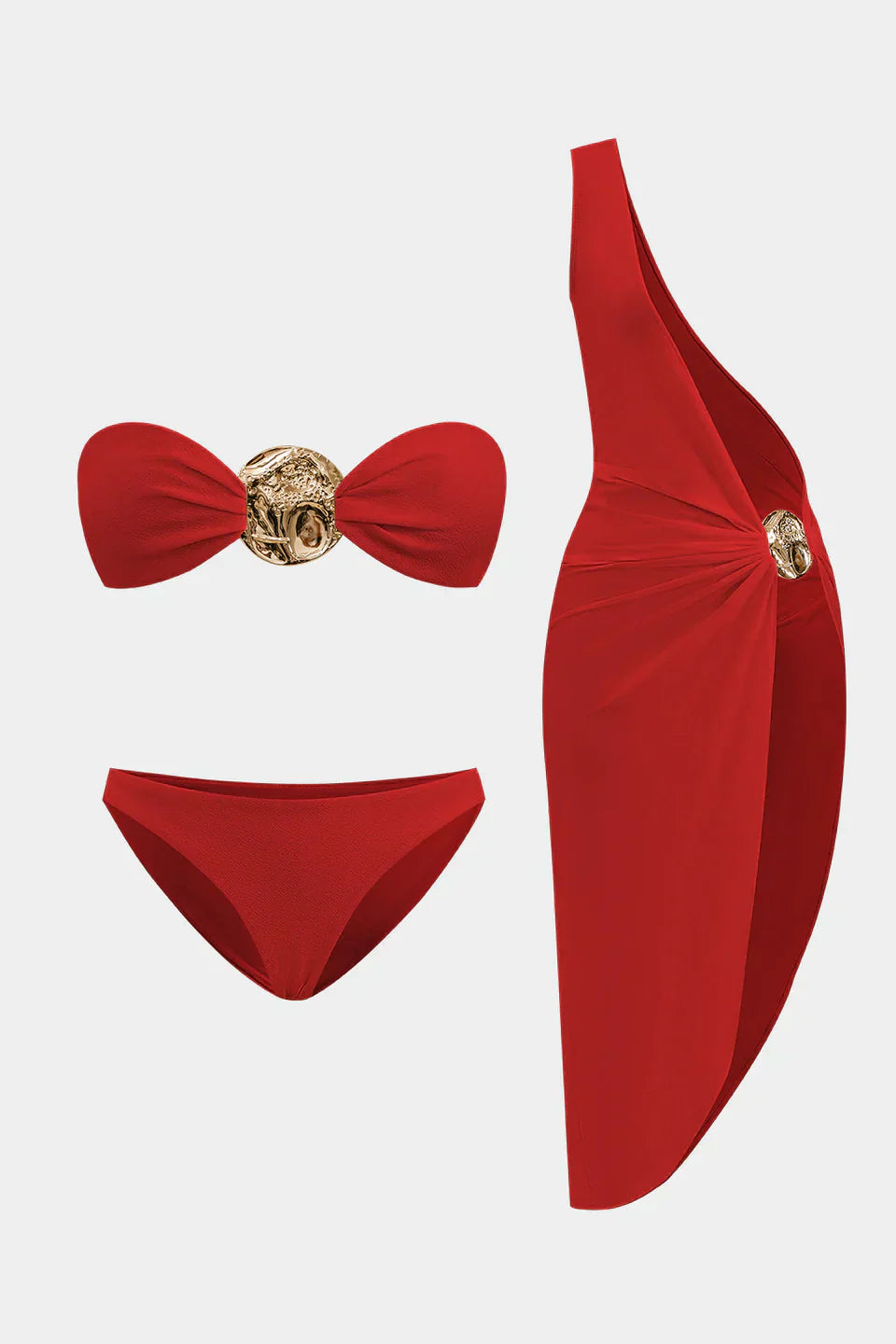 Metalik Kıvrımlı Sırtı Açık Bikini Ve Tek Omuzlu Örtü Seti