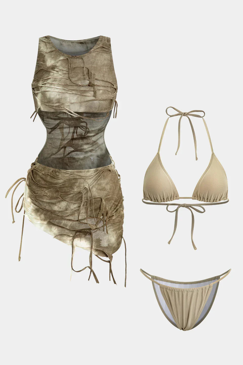 Halter Bikini Ve Tie Dye Cover Up Sarong 3'Lü Set