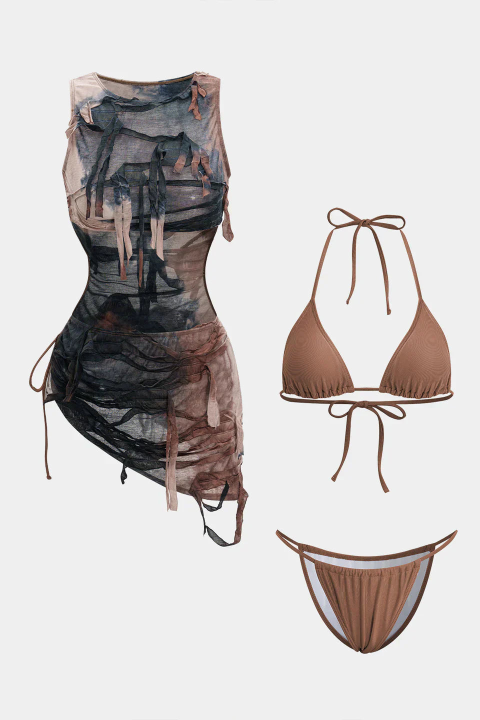 Halter Bikini Ve Tie Dye Cover Up Sarong 3'Lü Set