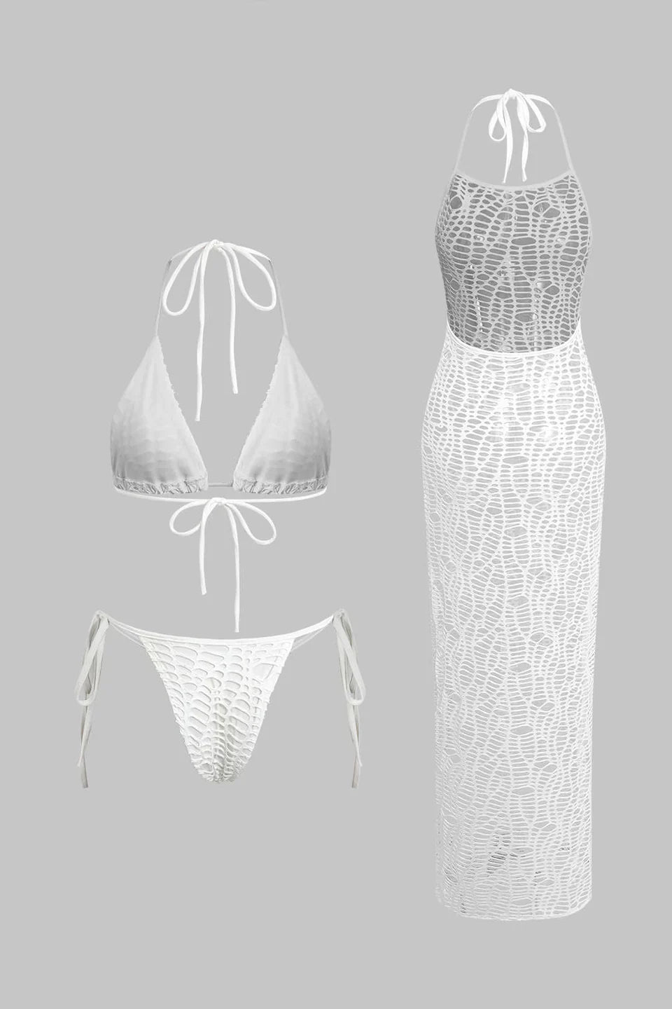 Dokulu Halter Yaka Bikini Ve Açık Örgü Üst Giyim Takımı