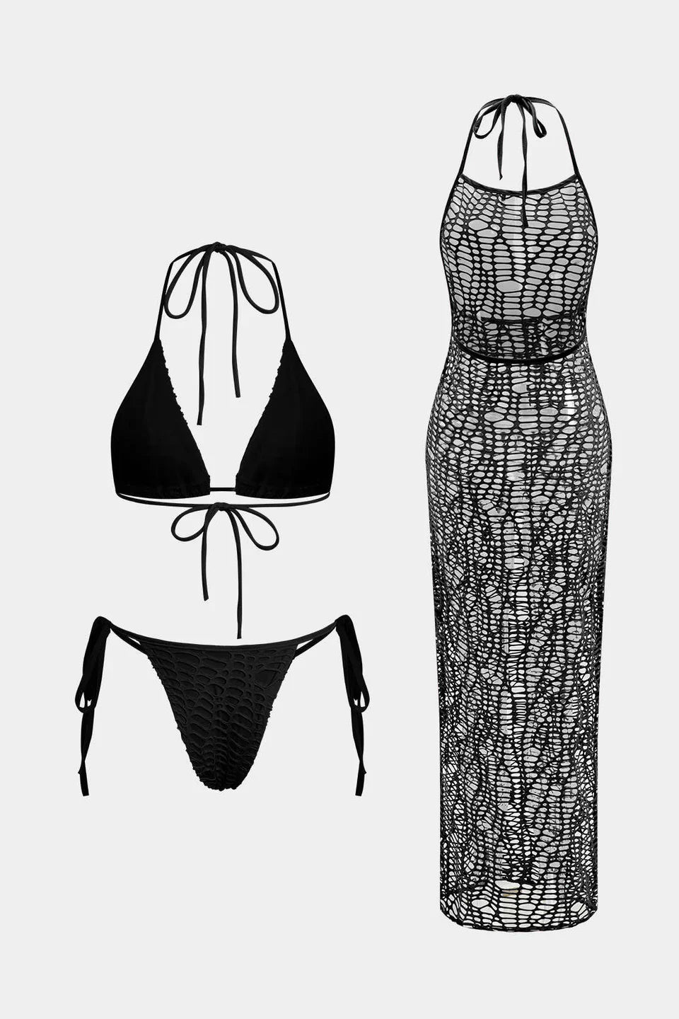 Dokulu Halter Yaka Bikini Ve Açık Örgü Üst Giyim Takımı