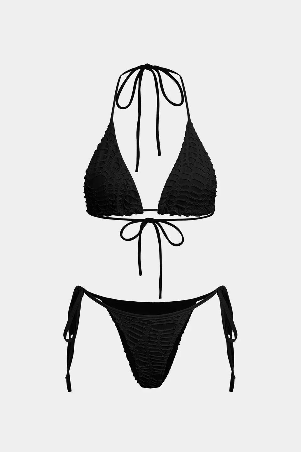 Dokulu Halter Yaka Bikini Ve Açık Örgü Üst Giyim Takımı