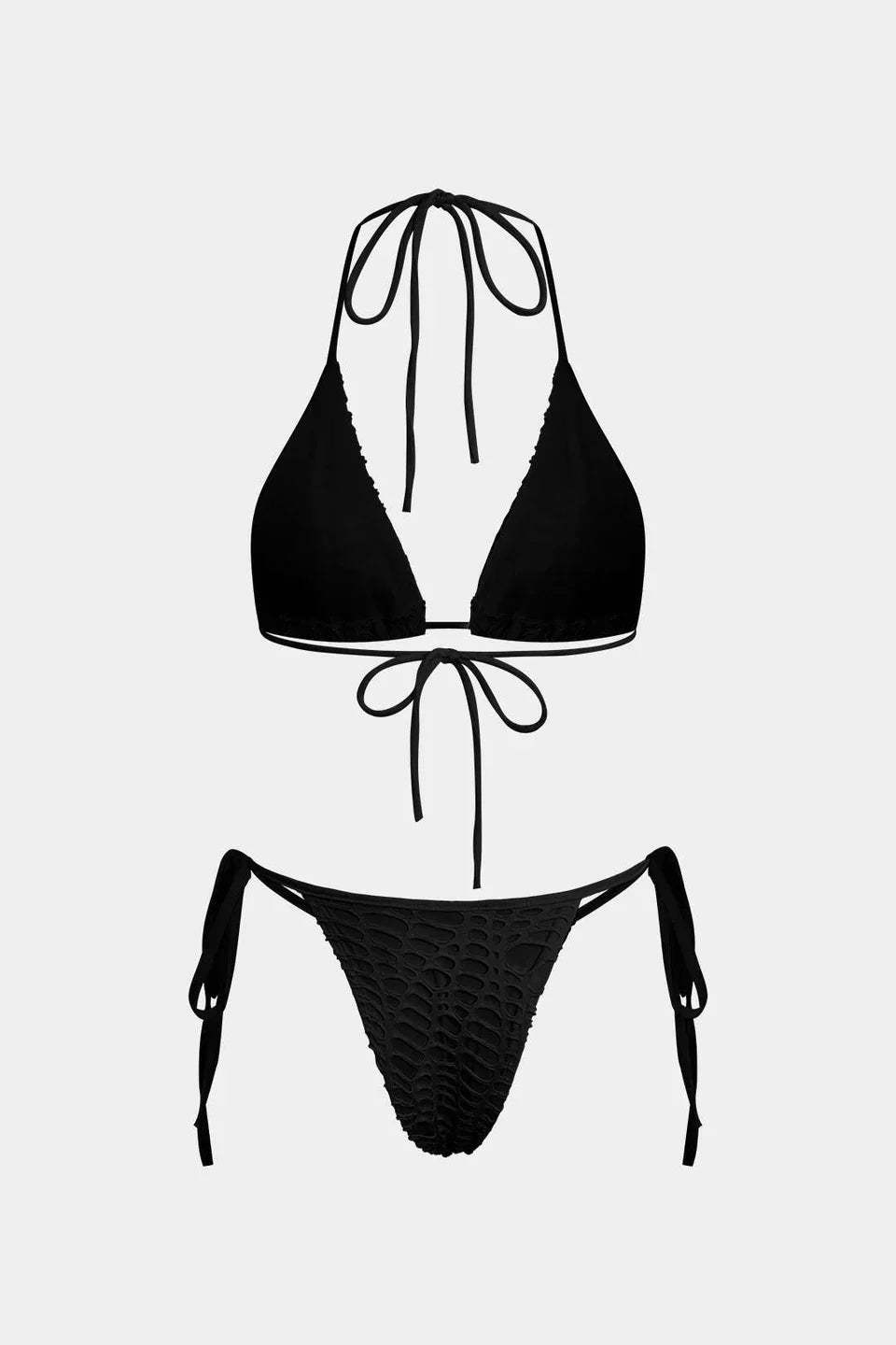 Dokulu Halter Yaka Bikini Ve Açık Örgü Üst Giyim Takımı