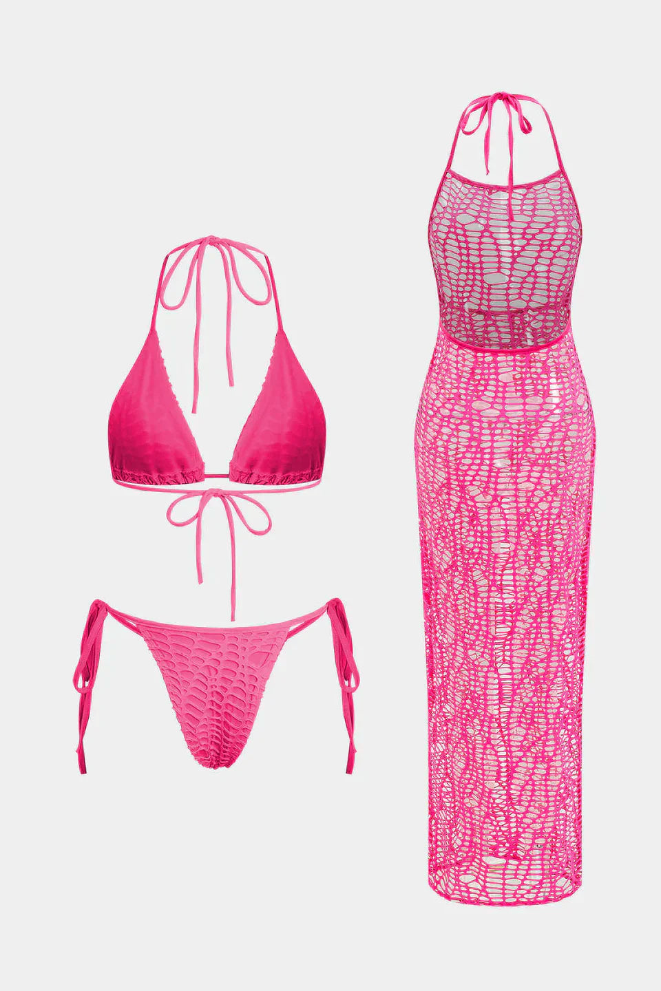 Dokulu Halter Yaka Bikini Ve Açık Örgü Üst Giyim Takımı