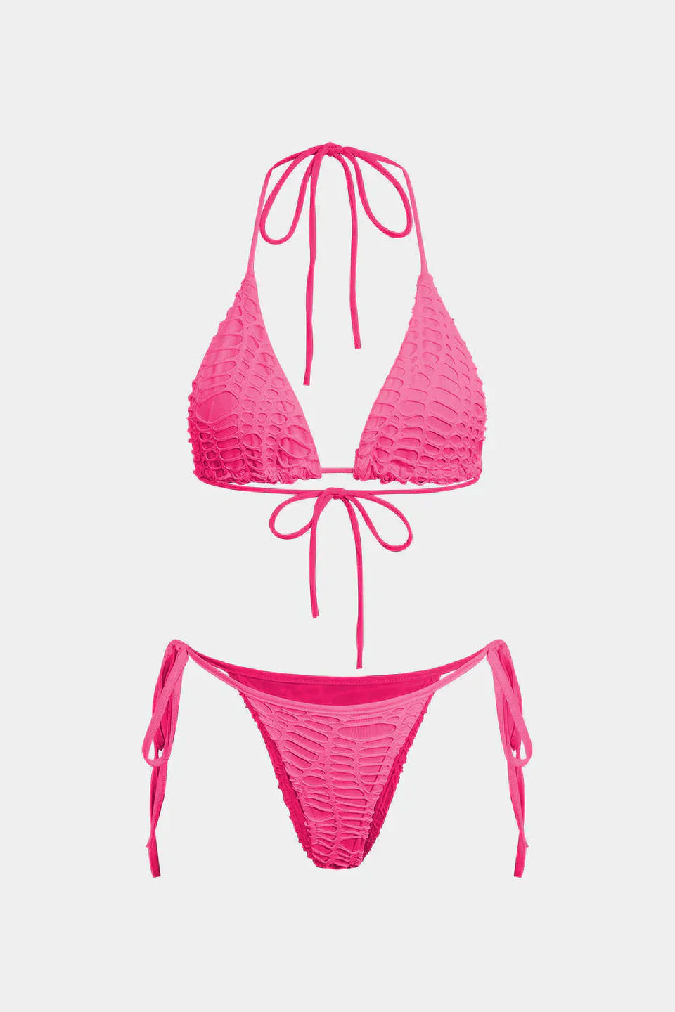 Dokulu Halter Yaka Bikini Ve Açık Örgü Üst Giyim Takımı