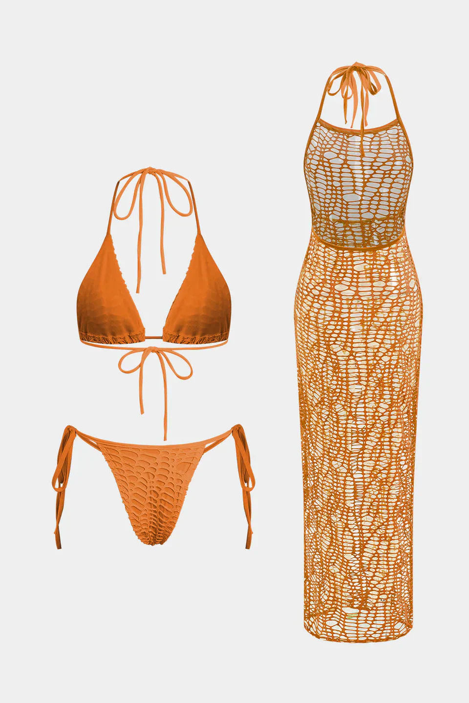 Dokulu Halter Yaka Bikini Ve Açık Örgü Üst Giyim Takımı