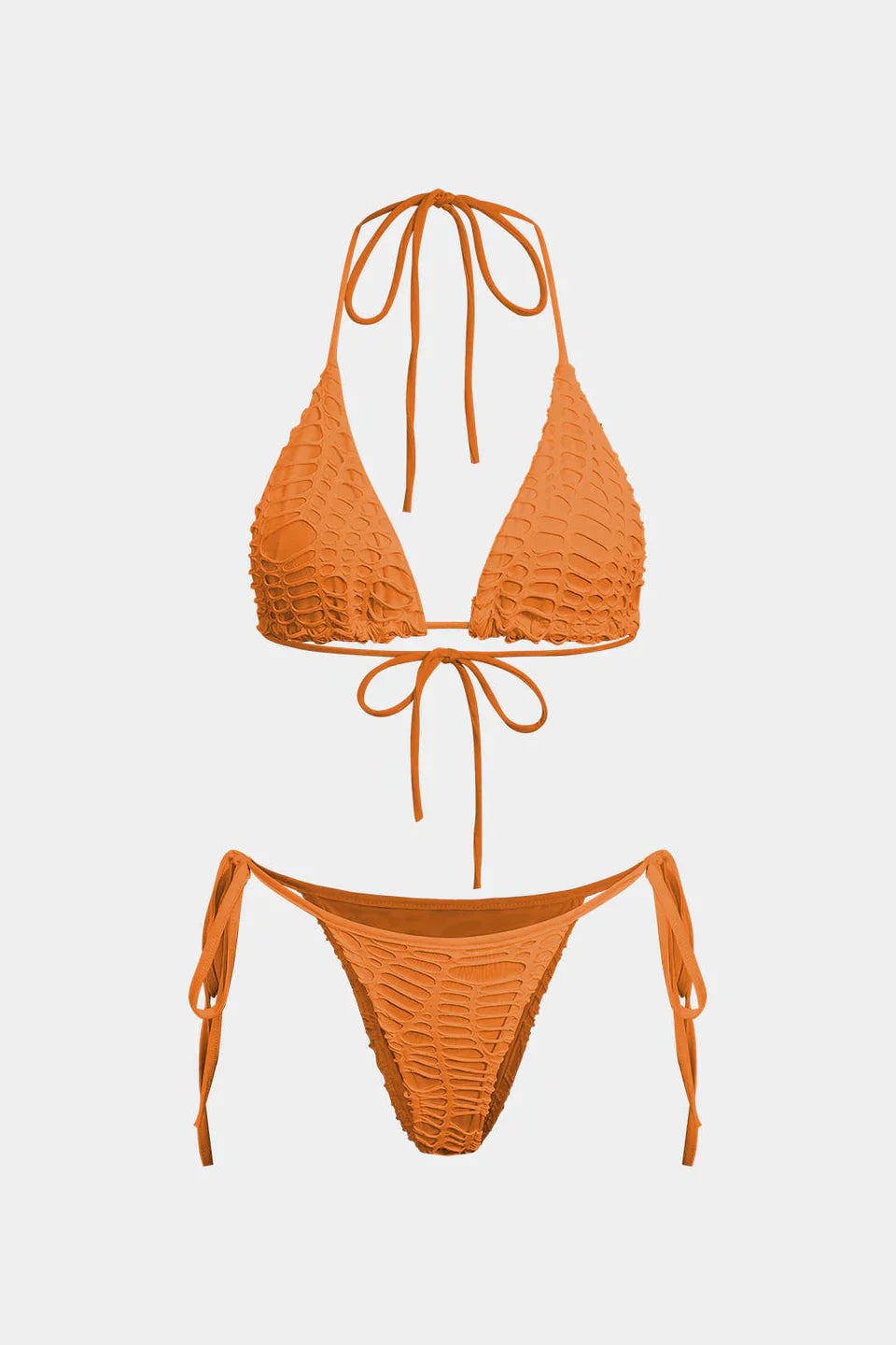 Dokulu Halter Yaka Bikini Ve Açık Örgü Üst Giyim Takımı