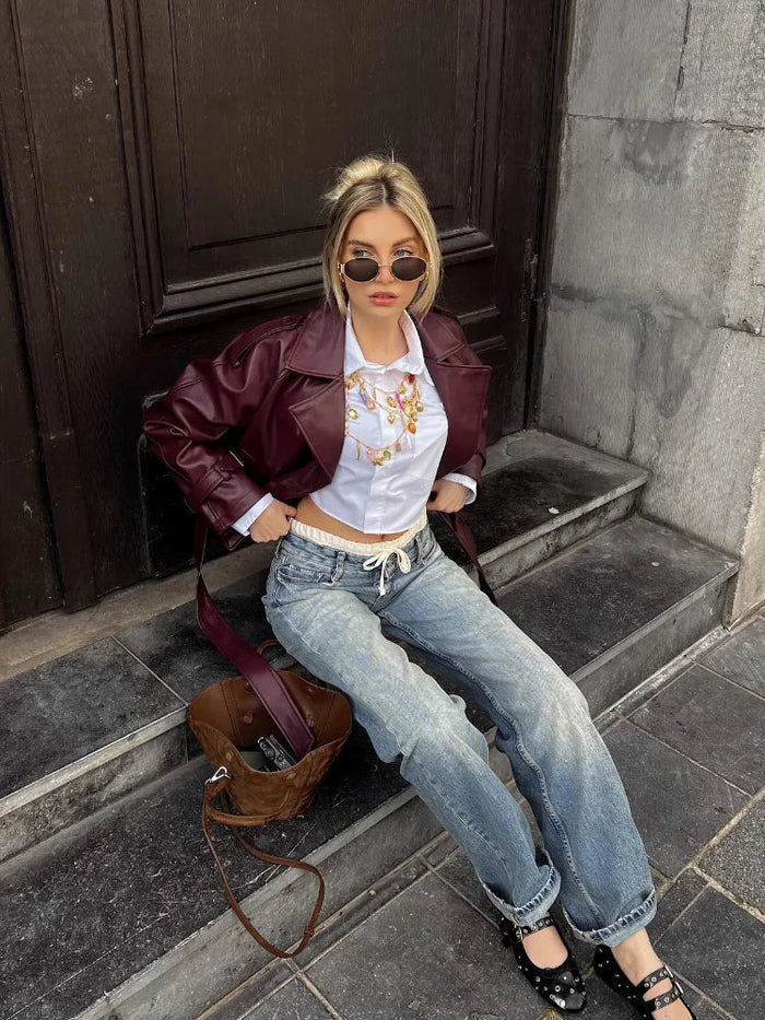 KEMERLİ BORDO DERİ CEKET